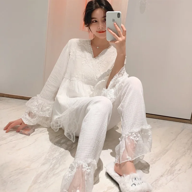 

New Korean Version Of Bubble Cotton Gauze Ladies' Court Pajamas Set 2PCS Sleepwear Lovely Lace Pijamas Suit Nightwear Homewear