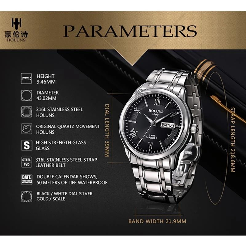 

HOLUNS Relogio Masculino Full Stainless Steel Men Quartz Watch Top Brand Luxury 5ATM Waterproof Super Luminous Dropshipping