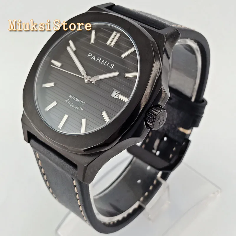 

43mm PARNIS mens top luxury watches black case black dial Sapphire glass date leather 21 jewels Miyota movement automatic watch