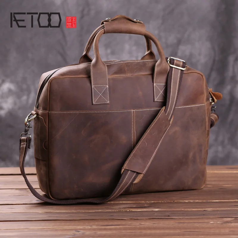 AETOO Leather handbag vintage handmade horse leather men's bag business 14 inch computer briefcase |