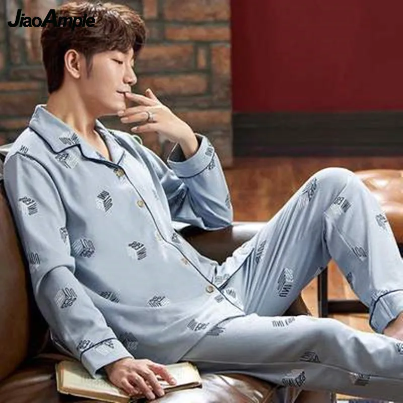 Pajamas Men's Cotton Striped Long-sleeved Trousers Two-piece Pijamas Spring Autumn Loose Homewear Casual Nightie Sleepwear Set