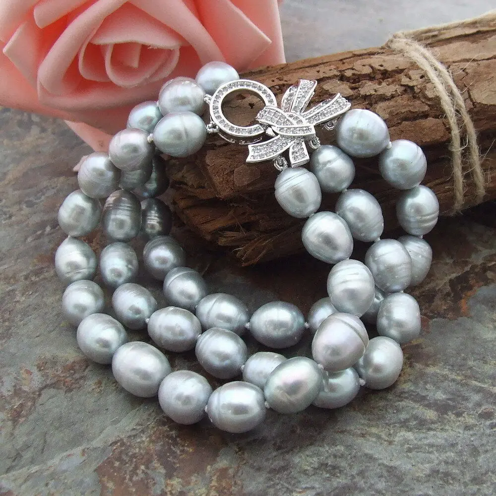 

8'' 3strands 9-10mm Grey Rice freshwater Pearl Bracelet