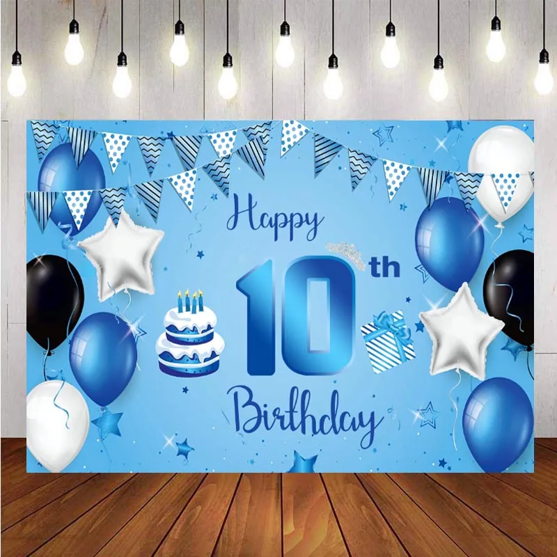 

Blue 10th Backdrop Baby Shower Boys Girls Happy Birthday Party Custom Photography Background Photo Studio Banner Decoration