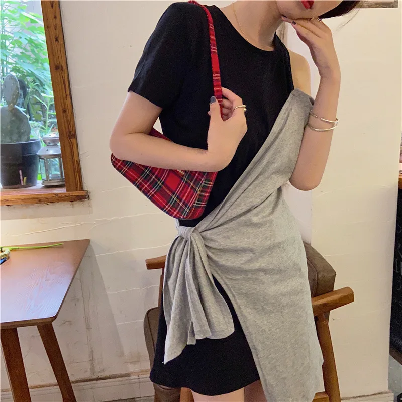 

Temperament dress female summer new color matching fake two-piece T-shirt skirt irregular lace strapless fashion t-shirt