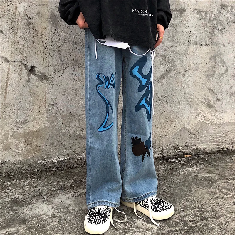 

Women's pants y2k Wide leg pants graffiti spray printing Korean autumn new versatile loose student girls straight jeans fashion