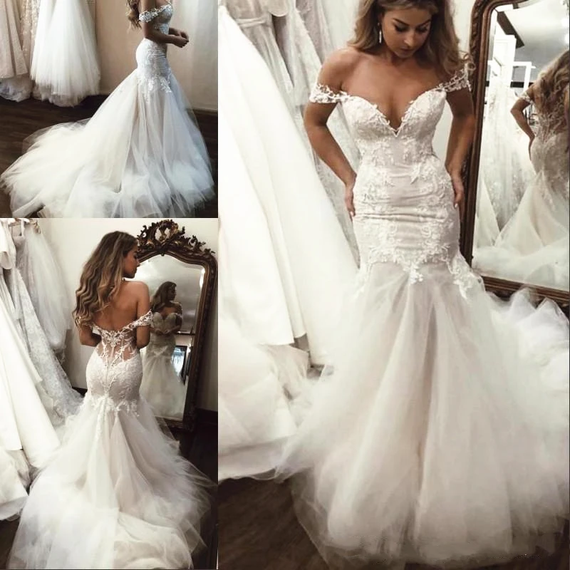 

Sexy Illusion Wedding Dresses Mermaid Off the Shoulder Appliqued Lace Tulle Long Train Bridal Gowns Bohemian vestido de noiva