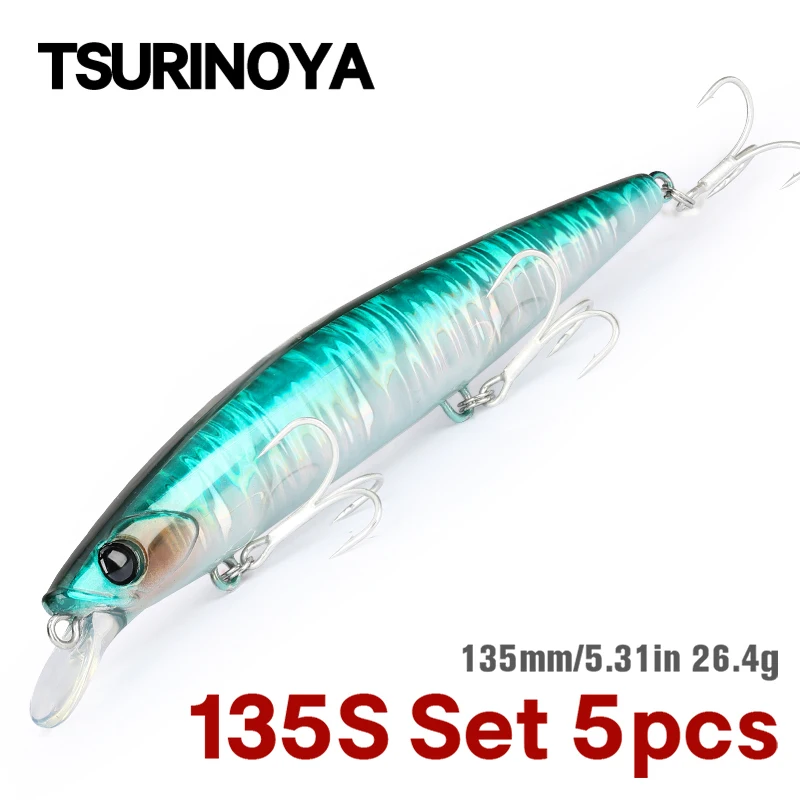 

TSURINOYA Ultra-long Casting 135S Sinking Minnow Set 5pcs BAYONET 135mm 26.4g Saltwater Seabass Artificial Large Hard Baits