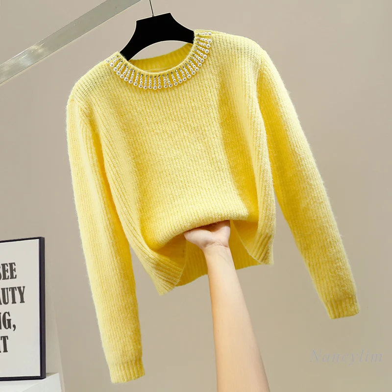 

Heavy Industry Beads Diamond Round Neck Pullover Solid Color Simple Sweater Women All-Matching Jumper Top Femme