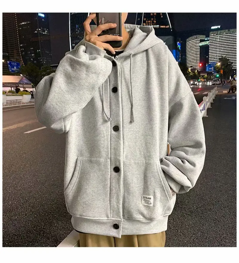 

Spring men oversize jacket fashion Couple Solid color thin loose hooded coat men Single-breasted Cardigan with hat Top