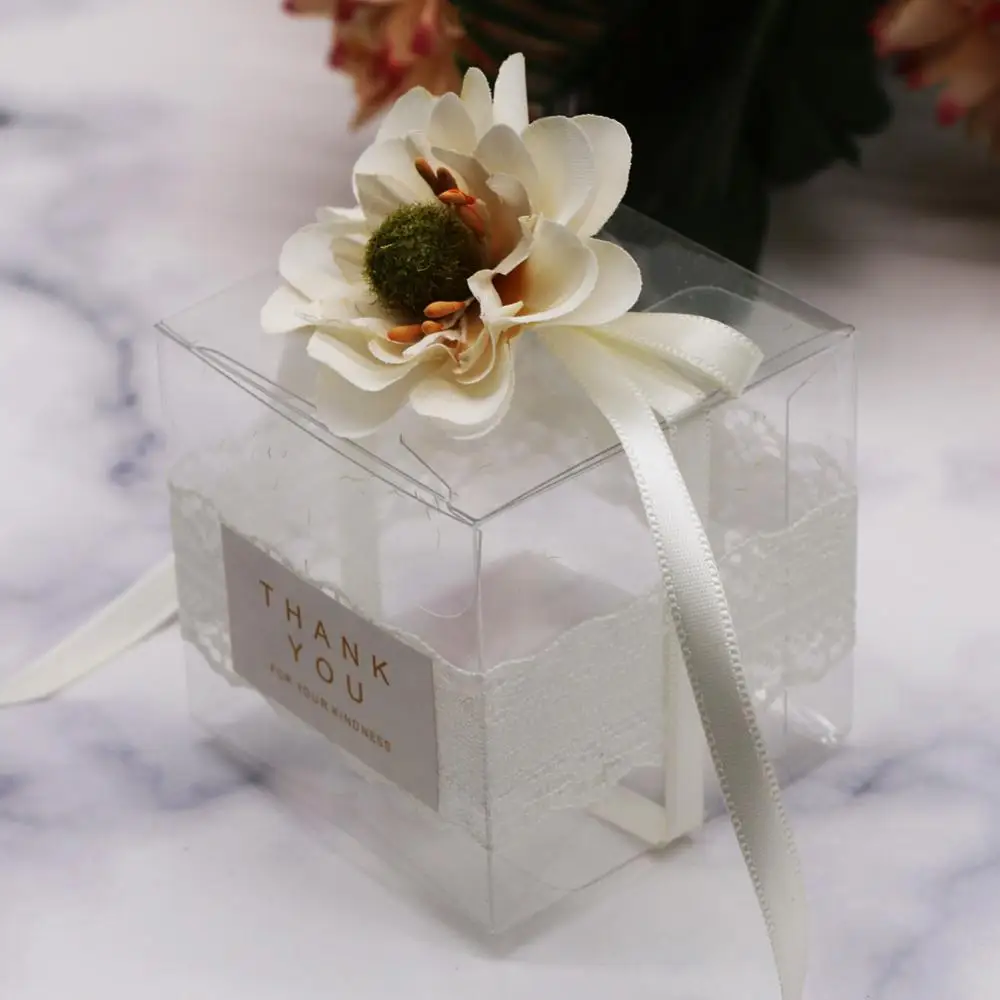 

50pcs PVC Party Wedding Decorations with Ribbon Flower Transparent Chocolate Candy Baby Shower Gift Packaging Bag Party Supplies