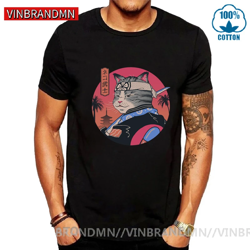 

Funny Cute Cartoon Custom Man Samurai Cat T Shirts 100% Cotton Japanese Anime Game Tee Shirt Cat Lovers Gift Vintage Tee shirts
