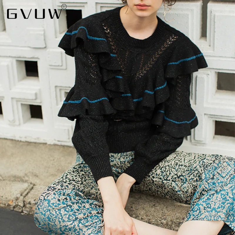 

GVUW осень и зима 2020 новые продукты многослойный цвет соответствующий оборкам круглый вырез милый Свободный вязаный свитер ZH77453
