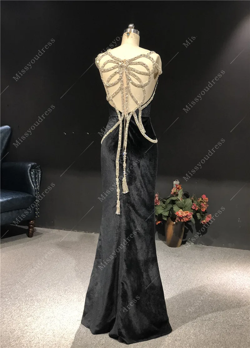 2021 Newest High Quality Custom Real Pictures Black Velvet Mermaid Cape sleeves Heavy Beading Floor Lenght Prom Evening Dress