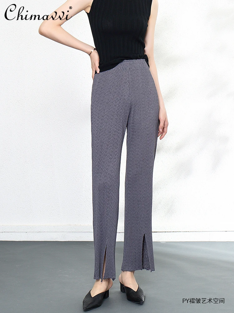 

High Waist Casual Pleated Pants Women's Summer Thin Slit Slimming Loose Pants Female Solid Color Wide Leg Fall Trousers