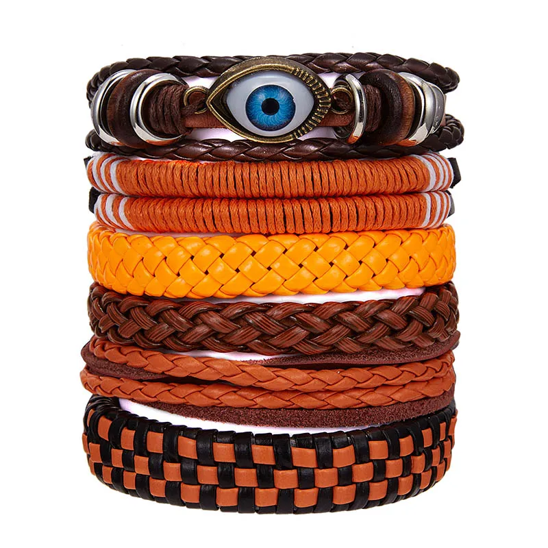 9-6pcs RINHOO Винтаж натуральная Очаровательные кожаные браслеты многослойный Плетеный Обёрточная бумага браслеты для щиколоток, для панков на веревочной цепочке Для мужчин ювелирные изделия - Окраска металла: 9-6pcs