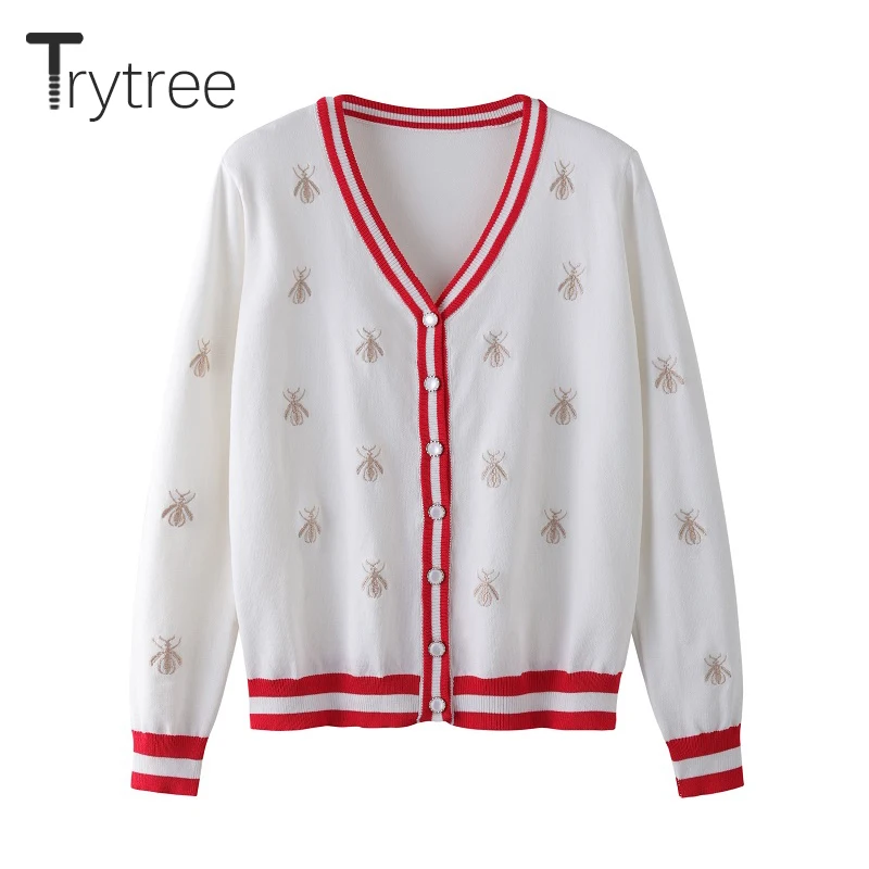 Trytree Autumn Winter Women Casual Sweater Button Bee embroidery V-Neck Cardigans Computer Knitted Single Breasted Tops |