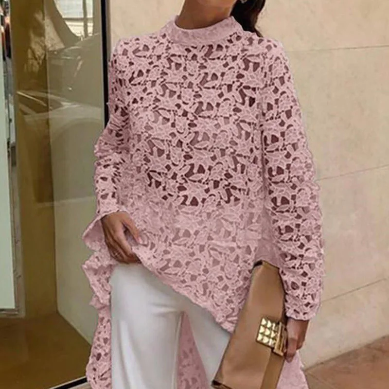 Women Asymmetric Long Shirt Round Neck Long Sleeve Hollow Casual High Low Blouse Top IK88