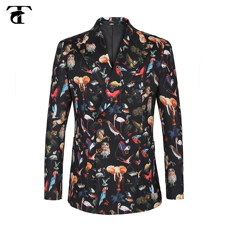 

2020 Double-breasted Blazers Men New Arrival Bird Printed Black Slim fit 58 jacket coat Casual Event Party blazer masculino