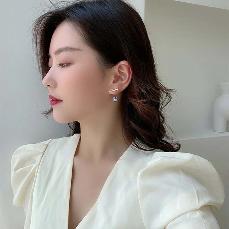 

MENGJIQIAO Korean Asymmetric Cute Traingle Delicate Zircon Drop Earrings For Women Micro Paved Square Pendientes Jewelry