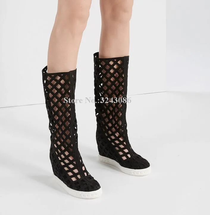 

Женские сапоги до колена, на платформе, с вырезами, на каблуке 8 см