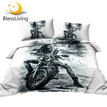 BlessLiving Motorcycle Bedding Set Cool Girl Duvet Cover for Adults Ink Painting Bed Covers 3pcs Modern Artwork Bed Set Dropship 1