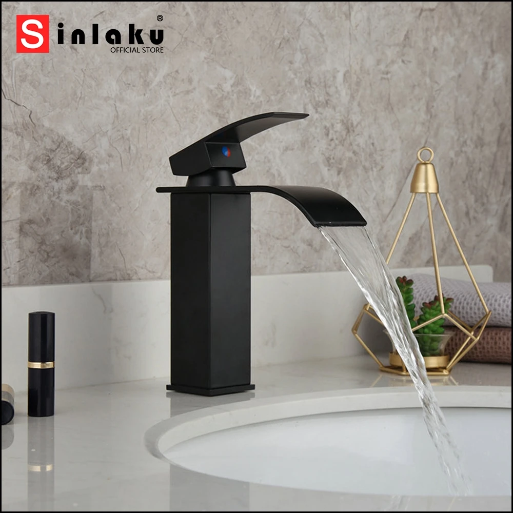 

Matte Black Bathroom Basin Faucet Brass Wash Basin Sink Mixer Tap Waterfall Spout Deck Mounted Hot & Cold Water Mixer Faucet