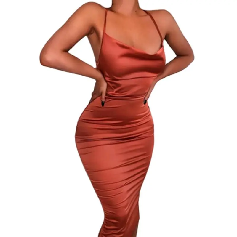 Неоновое атласное платье на шнуровке 2021 летнее женское облегающее длинное миди