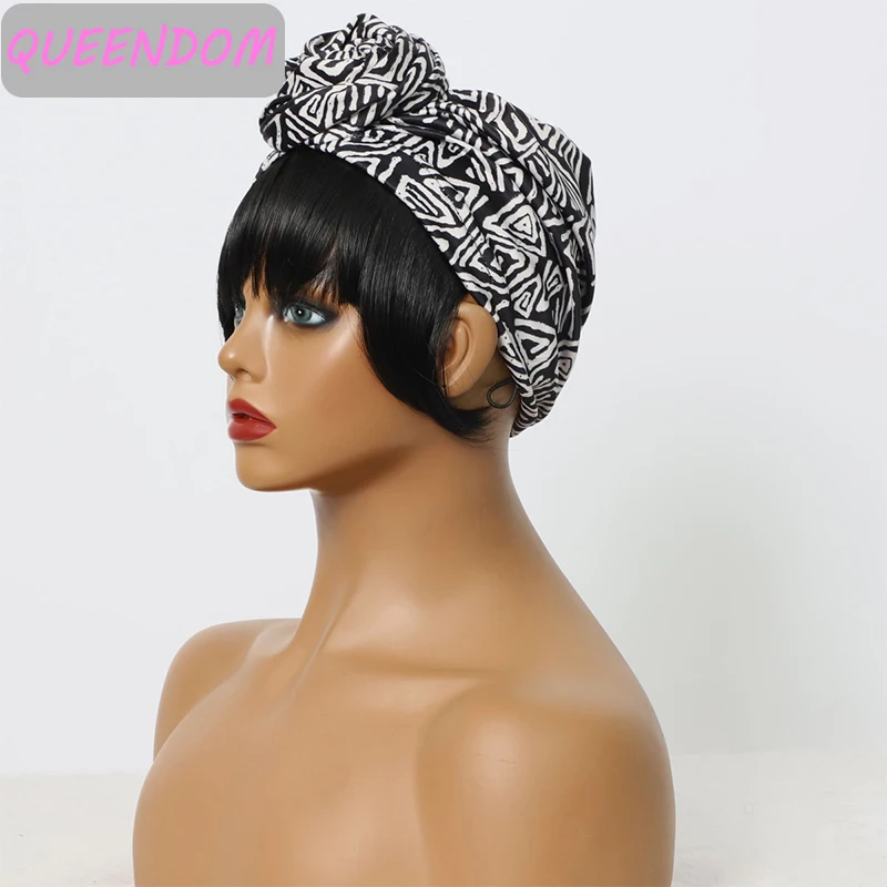 

Headband Wigs for Afro Women Short Straight Synthetic Headwrap Wig with Bangs Natural Heat Resistant Fiber Lolita Wig with Scarf