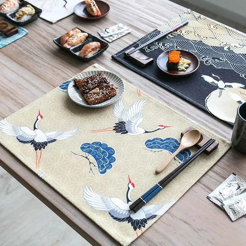 

Vintage Style Crane Pattern Table Placemats for Table Set Cotton Linen Home Accessories Kitchen Pad Coffee Tea Place Mats