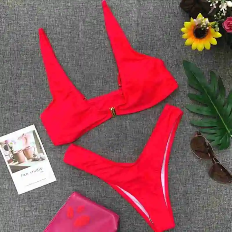 Модный сексуальный однотонный бикини с металлическим замком летний костюм