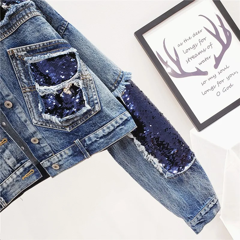 

Harajuku Women Denim Jacket 2021 Autumn Batwing Sleeve Loose Fit Sequined Fashion Short Outerwear Single Breasted Casual Coat