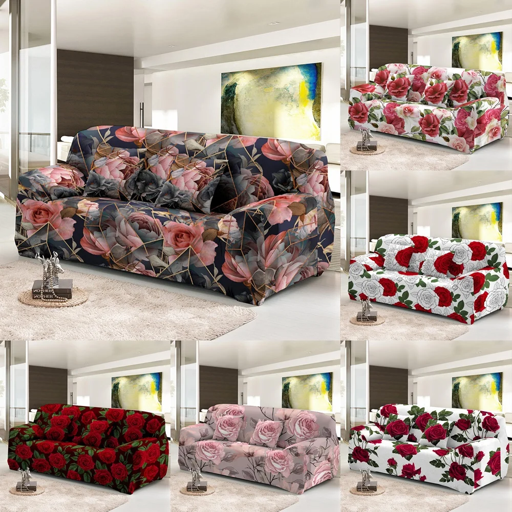 

Red Rose Elastic Sofa Cover Living Room Floral Flowers All Inclusive Slipcovers Furniture Protector Leaves Stretch Couch Covers