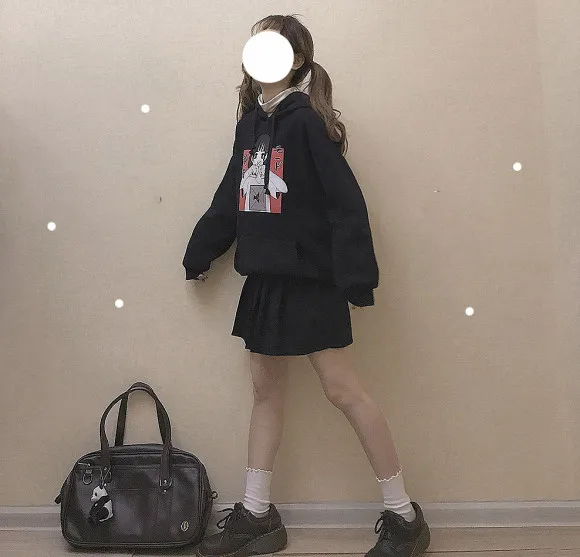 Harajuku Kawaii аниме девушка с капюшоном Толстовка японский Винтаж милый черный флис толстовка с рисунком женский объемный пуловер
