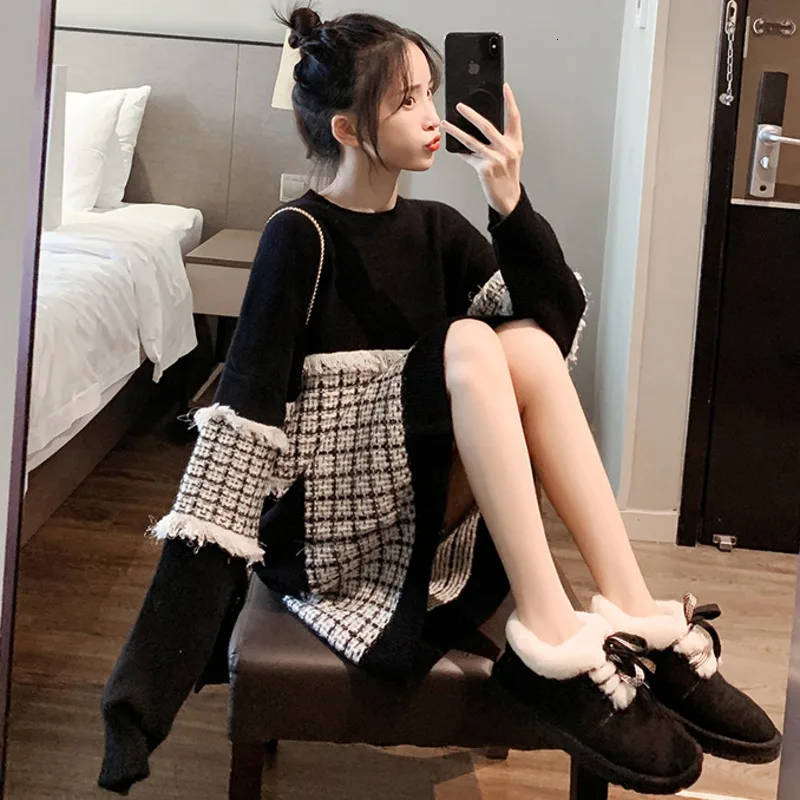 LANMREM 2020 Mid-length Black Sweater Skirt Female Loose Long-sleeved Round Neck Outside The Knee-shoulder Head Spring 19B-a157 | Женская