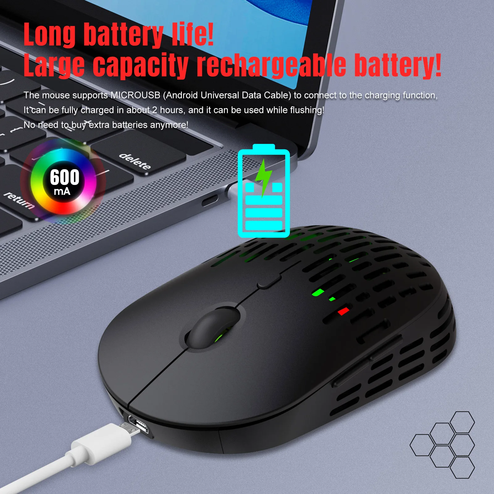 

Laptop Computer Ergonomic Mice Silent 2.4G Wireless Mouse RGB LED Backlit USB Rechargeable Mice with Hollow Out Shell