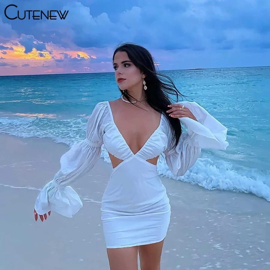 

Cutenew Elegant Casual Solid White Long Sleeve V-Neck Dresses Women Fashion Sexy Hollow Out Skinny Lady Beach Vacation Clothing