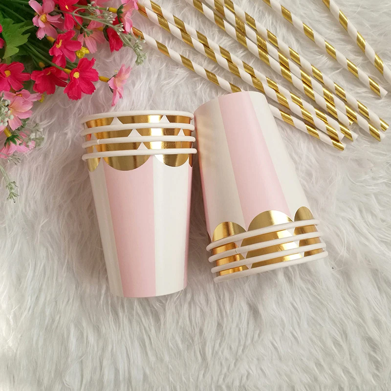 Розовые Искусственные Бумажные Соломенные тарелки для вечеринки дня рождения