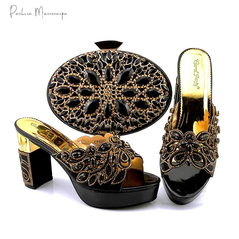 

2021 African New Arrival Italian Design Nerigan Fashion Crystal Style Ladies Shoes and Bag Set in Black Color for Party Wedding