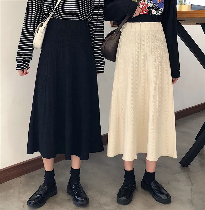 Осень Вязание твист Женская колледж Harajuku Ins Высокая талия Повседневная зимняя длинная Ulzzang сладкий чистый цвет шикарная юбка большого размера
