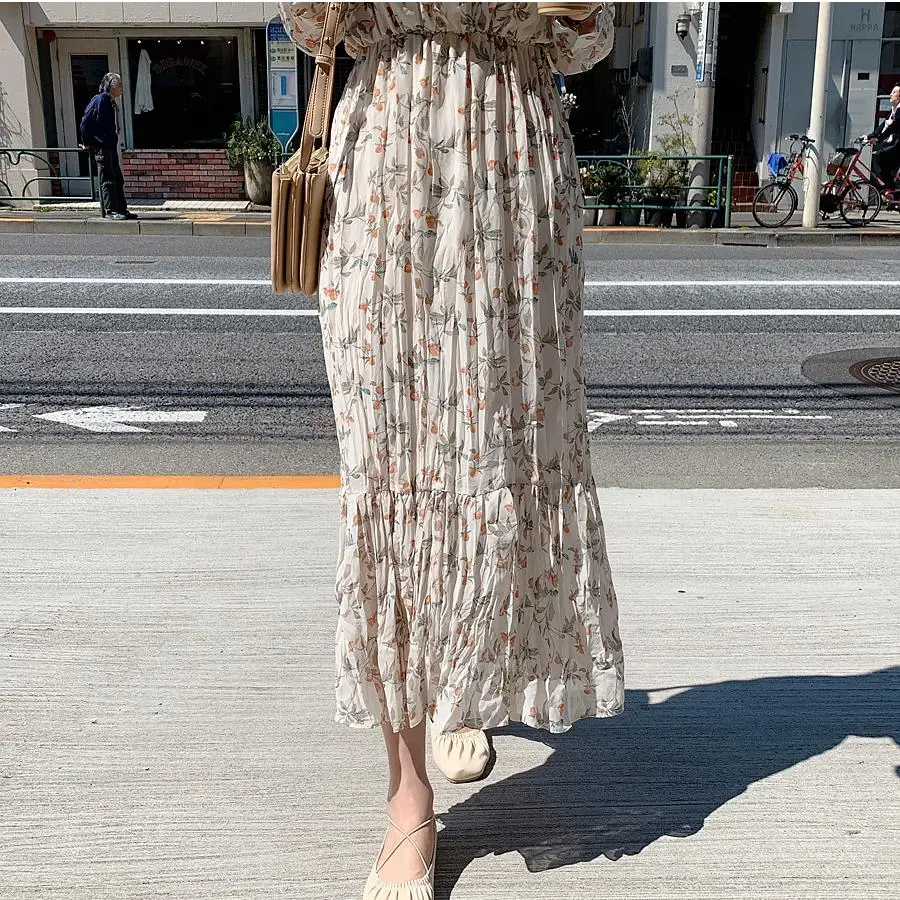 

Elegant Ruched Floral Print Women Autumn Dress Sexy V-neck Full Sleeve Female Long Dresses Spring Chiffon Vestidos