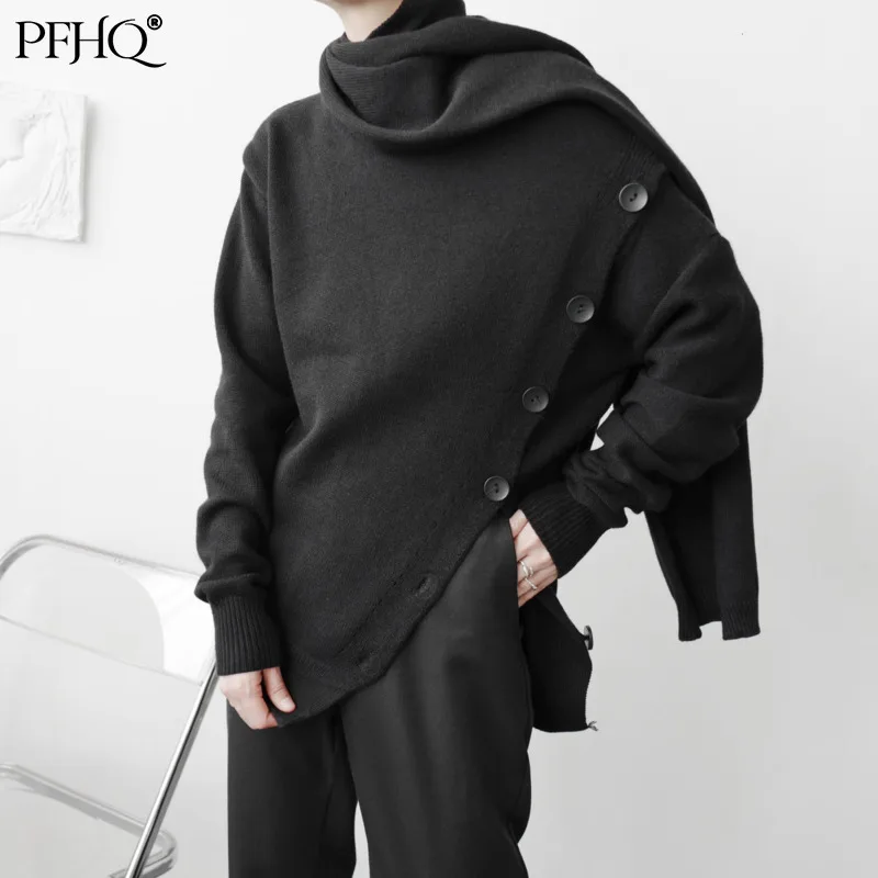

PFHQ 2021 Solid Color Men Pullover Japanese Dark Deconstructed Loose Scarf Asymmetrical Single Breasted Knitted Sweater 21A6749