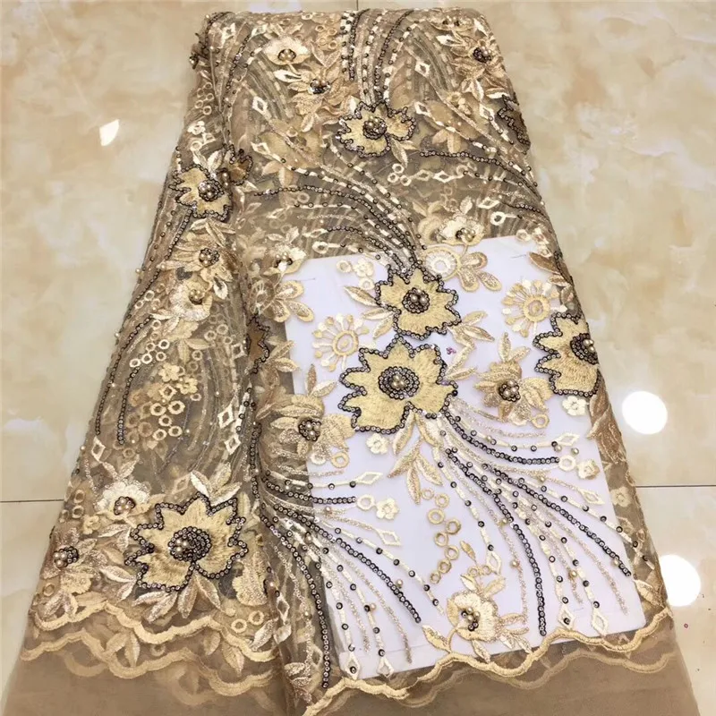 African pink Lace With beads Embroidery Textile Fabric High Quality Sequins French Tulle Fabrics For Wedding Party | Дом и сад