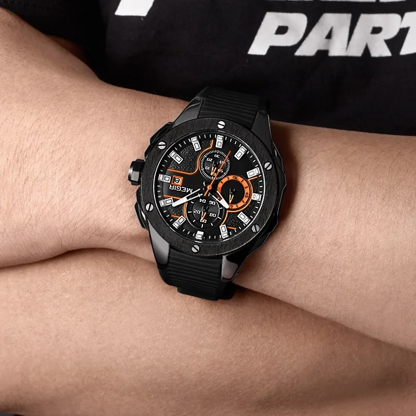 MEGIR Men Sport Watch Chronograph Silicone Strap Quartz Army Military Watches Clock Top Brand Luxury Male Relogio Masculino | Наручные