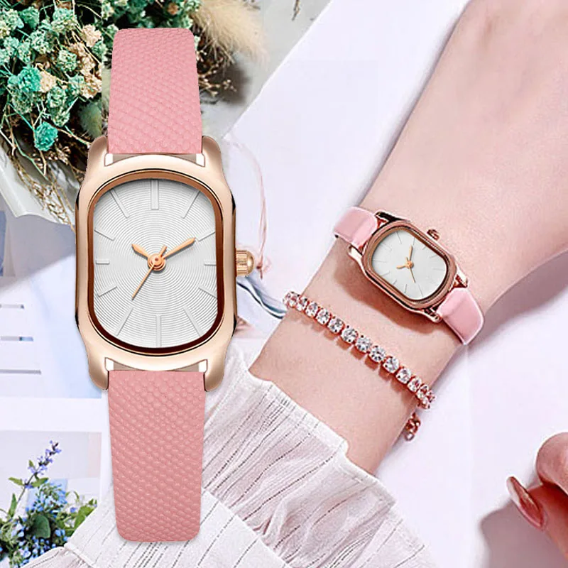 

Reloj de pulsera de cuarzo con correa de cuero rosa para mujer, cronografo sencillo con esfera de barril, informal