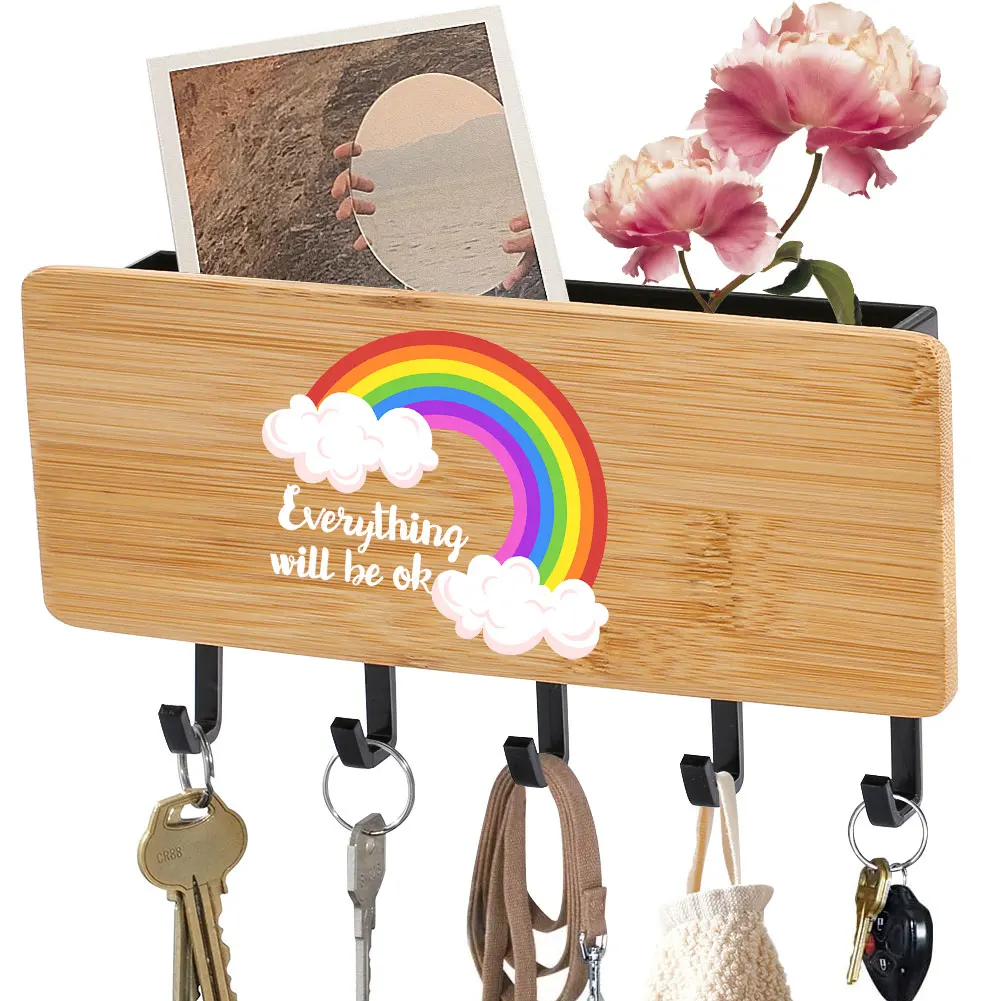 Вешалка для ключей из бамбукового дерева с радужным узором черная белая