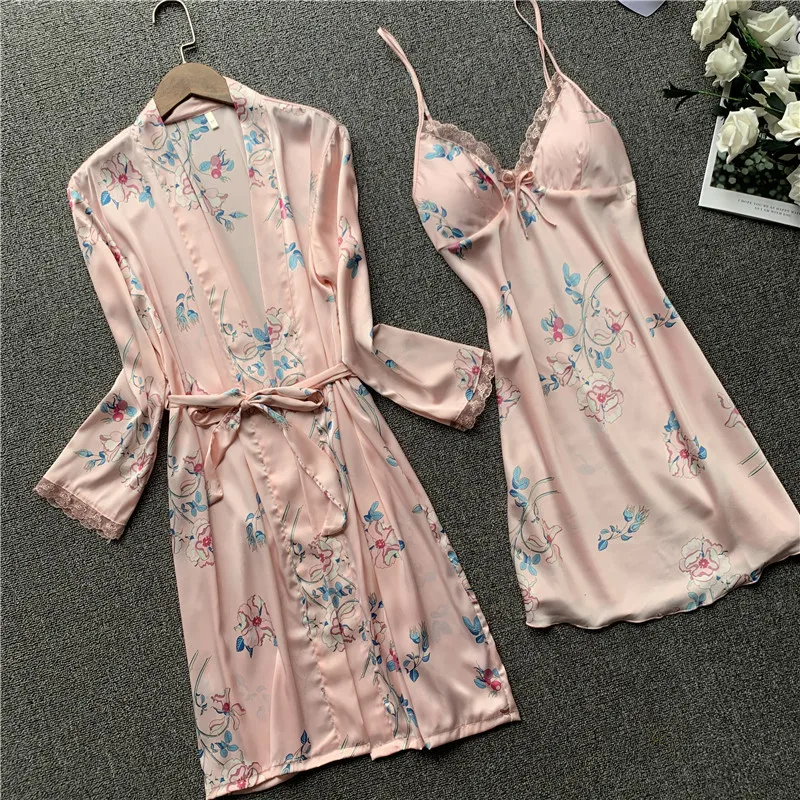 Women Satin Sexy Pajamas Sets Ladies Nightgown Print Two-pieces Silk Sleepwear Robe+Nightdress Lounge Pijama | Женская одежда