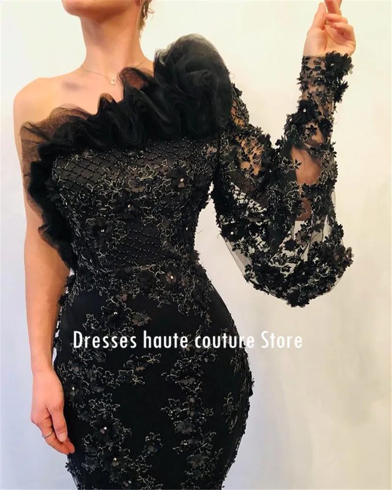 

One Shoulder Black Lace Evening Dress 2021 Long Sleeve Mermaid Formal Prom Gowns Custom Made