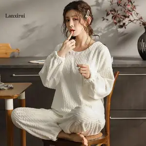 Пижама женская фланелевая, жаккардовая, с длинным рукавом, на осень и зиму, Костюм Пижама