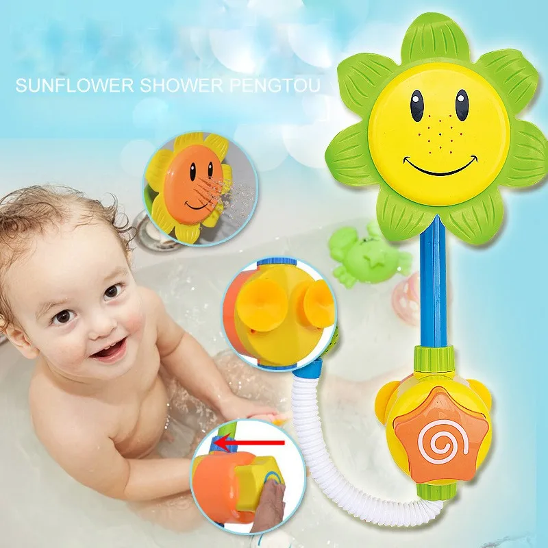 

[Funny] Bath Sunflower Water spray Faucet Infant Shower Water Summer Beach Toys Smiling face playing water paddle tap baby toy