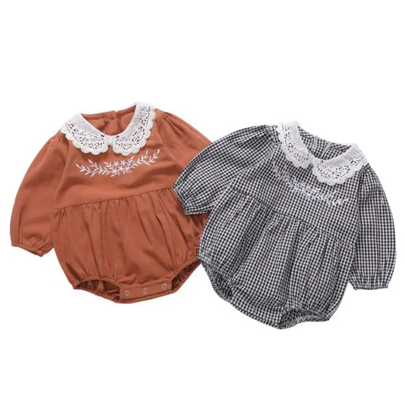 

Infant Baby Rompers Baby Girls Grid Long Sleeve Flower Embroidery Clothes Rompers Spring Autumn Baby Girls Rompers